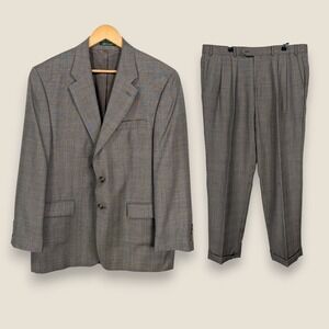 Lauren Ralph Lauren 2 Piece Suit Men 42R Brown Gray 100% Wool Pleated 38x29